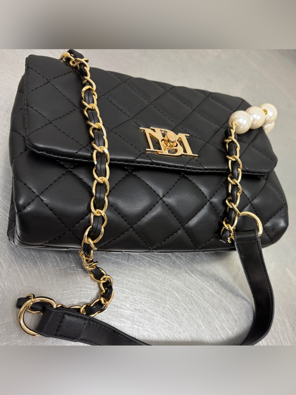 Badgley Mischka Black Quilted Crossbody with Gold Chain & Pearl Accent